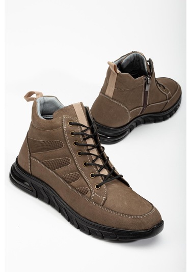 Hakiki Deri Nubuk Erkek Bot Vizon Elastik Bağcıklı Yan Baskılı-3475 Vizon