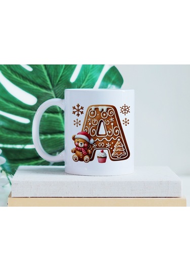 A Kurabiye Harf Ve Ayıcık Detaylı Kupa Bardak - Yeni Yıl / Yılbaşı Temalı Tasarım - Noel Hediye Beyaz