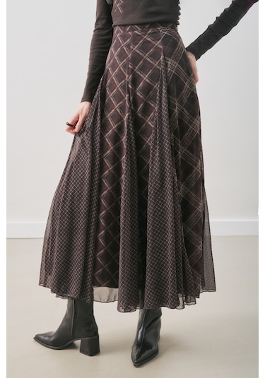 Ekose Desenli Şifon Etek Kahve Aw25etk00011-21 Kahve