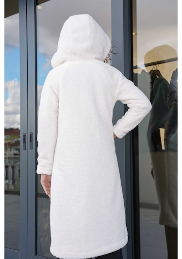 Giyim Dünyası Kadın Peluş Kapşonlu Uzun Kaban Ekru 001