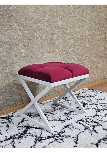 Beyaz Boyalı 45 Cm X 45 Cm Çaprazlı Puf Bench Oturak Bordo Renk 4 Çok Renkli