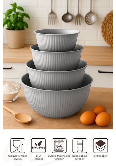 4'lü Mega Boy Plastik Karıştırma Ve Saklama Kase Seti 1l, 2l, 3l, 5l Gri Gri