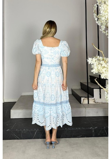 G1370 Balon Kol Fisto Elbise Mavi Mavi