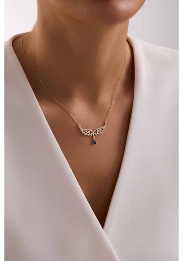 Melek Tasarım Damla Mavi Taşlı Kolye New T13976 Renkli