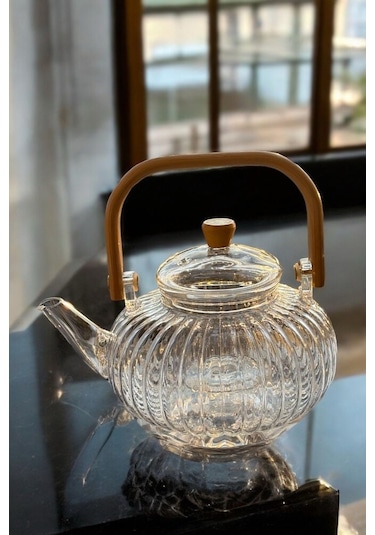 Borosilikat Cam Bambu Saplı Cam Süzgeçli Papatya Demlik 1000 Ml Şeffaf