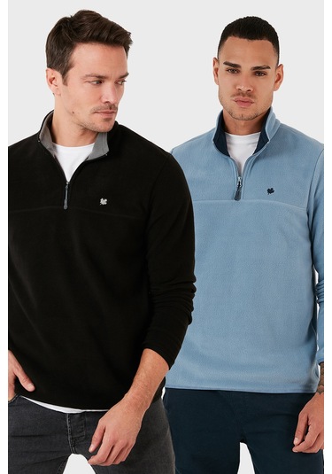 Buratti Slim Fit Anti-Pilling Tüylenme Yapmayan Bato Yaka Şardonlu 2'Li Paket Erkek Polar 5906001S2 Siyah-Açık Mavi