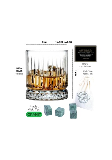 330 Cc Italy Serisi Büyük Kadeh Viski Bardağı 4 Adet Viski Taşı Hediyeli Beyaz
