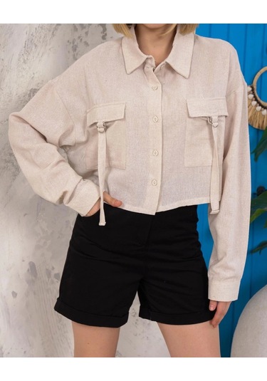 Kemer Cepli Keten Crop Gömlek Krem S255350 Krem