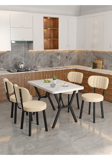 Azra 70x110cm Beyaz Mutfak Masası, Mutfak Masası Takımı, Yemek Masası, 4 Krem Sandalye Krem