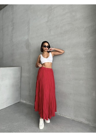 Kadın Buruşuk Modal Dokulu Soft Uzun Etek Kırmızı Kadın Buruşuk Modal Dokulu Soft Uzun Etek Kırmızı