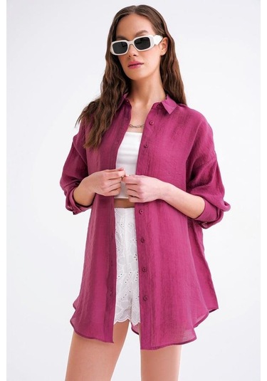 4667 Kadın İnce Oversize Modal Gömlek Bordo Bordo