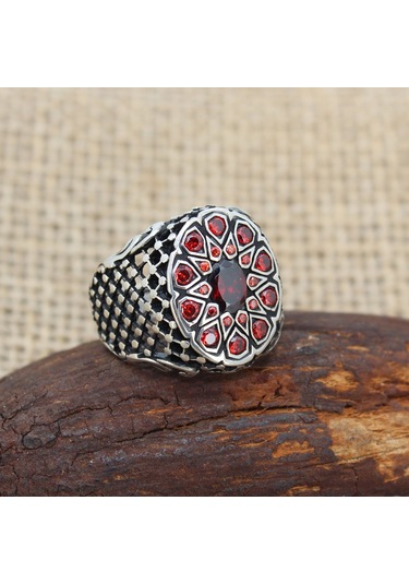 Kırmızı Zirkon Taşlı Oval Kasa 925 Ayar Gümüş Erkek Yüzüğü Gümüş