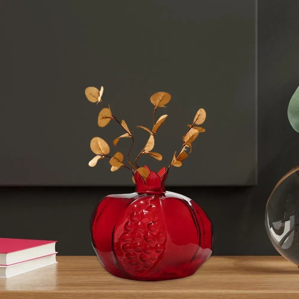 Dianziye Kırmızı Cam Nar Şekilli Dekoratif Vazo - Masaüstü Su Bitkileri, Yapay Çiçekler İçin Sabit Tabanlı Küçük Süs Vasıtası