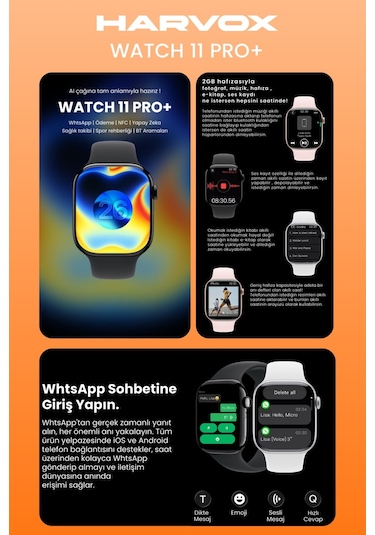Harvox Watch 11 Pro+ Akıllı Saat Apple İphone Ve Android Tüm Telefonlara Uyumlu 46mm Turuncu
