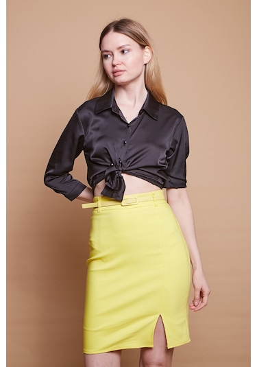 Astarlı Yüksek Bel Önden Yırtmaçlı Deri Kemerli Pamuklu Hafif Likralı Kumaş Kalem Etek Kemer Dahil -sarı - Sarı