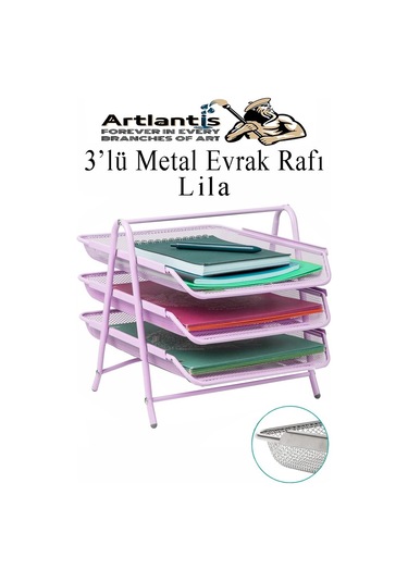 Evrak Rafı Metal 3 Lü Lila 1 Paket Masaüstü A4 Dosya Düzenleyici Kağıt Tepsisi Metal Çelik Fileli Dört Katlı Hareketli Lila
