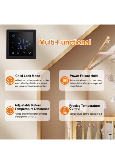 Mufunye Mh-1828 Siyah Duvar Tipi Akıllı Termostat, Zemin Isıtma Kontrolü, Dahili Ve Dış Sensörlü, Yüksek Sıcaklık Koruması, 5-50 C Ayar Aralığı