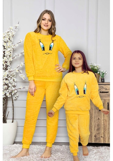 Civciv Desenli Anne Kız Çocuk Kombin Peluş Pijama Takımı Anne Kız Ayrı Satılır. Sarı