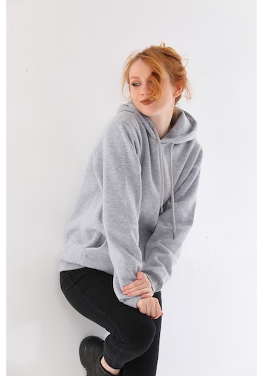 Everest Everst Kapüşonlu 3 İplik Şardonlu Kanguru Cepli Sweatshirt Gri