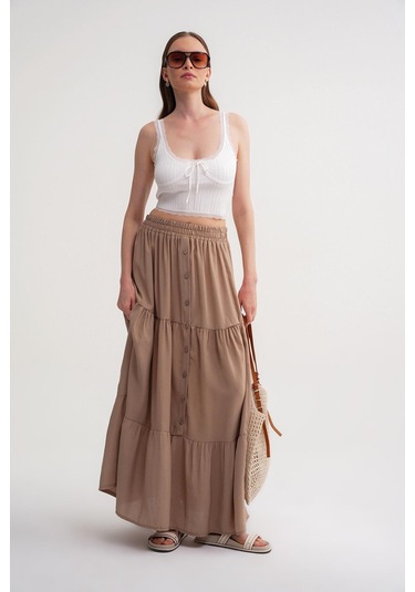 4662 Kadın Düğme Detaylı Büzgülü Modal Etek Toprak Toprak