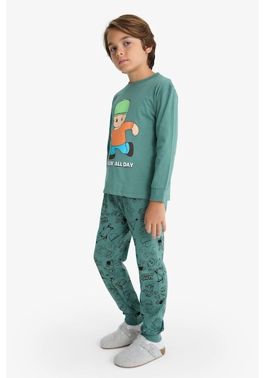 Defacto Erkek Çocuk Stumble Guys Pijama Takımı Uzun Kollu Üst Uzun Alt F5176a825augn469 Yeşil