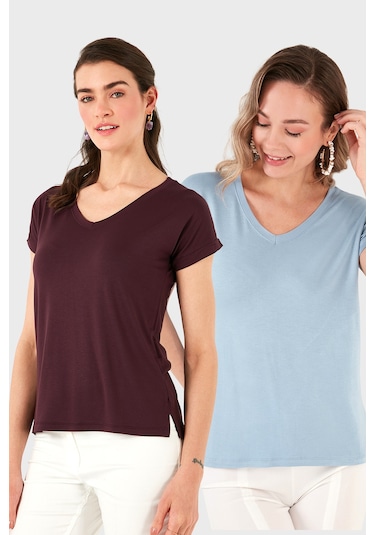 Lela V Yaka Relaxed Fit Yırtmaç Detaylı 2'Li Paket Bayan Bluz 5862000S2 Bebe Mavi-Vişne