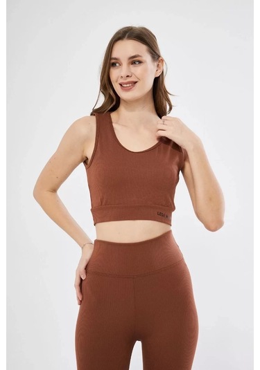 Kadın Fitilli Baskılı Crop - Kahve Kahve