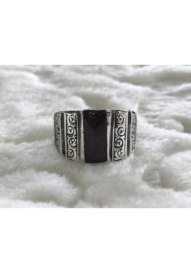 Kehribar Taşlı Erzurum Kalem Işçiliği 925 Ayar Gümüş Erkek Yüzük