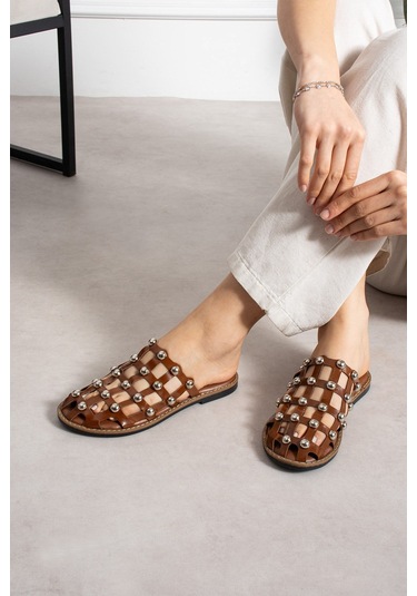 Shoetek Livya Kadın Terlik Pimli Taba Deri