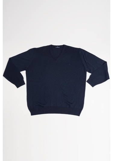 Woolen World V Yaka Battal Büyük Boy Yünlü Triko Kazak Lacivert