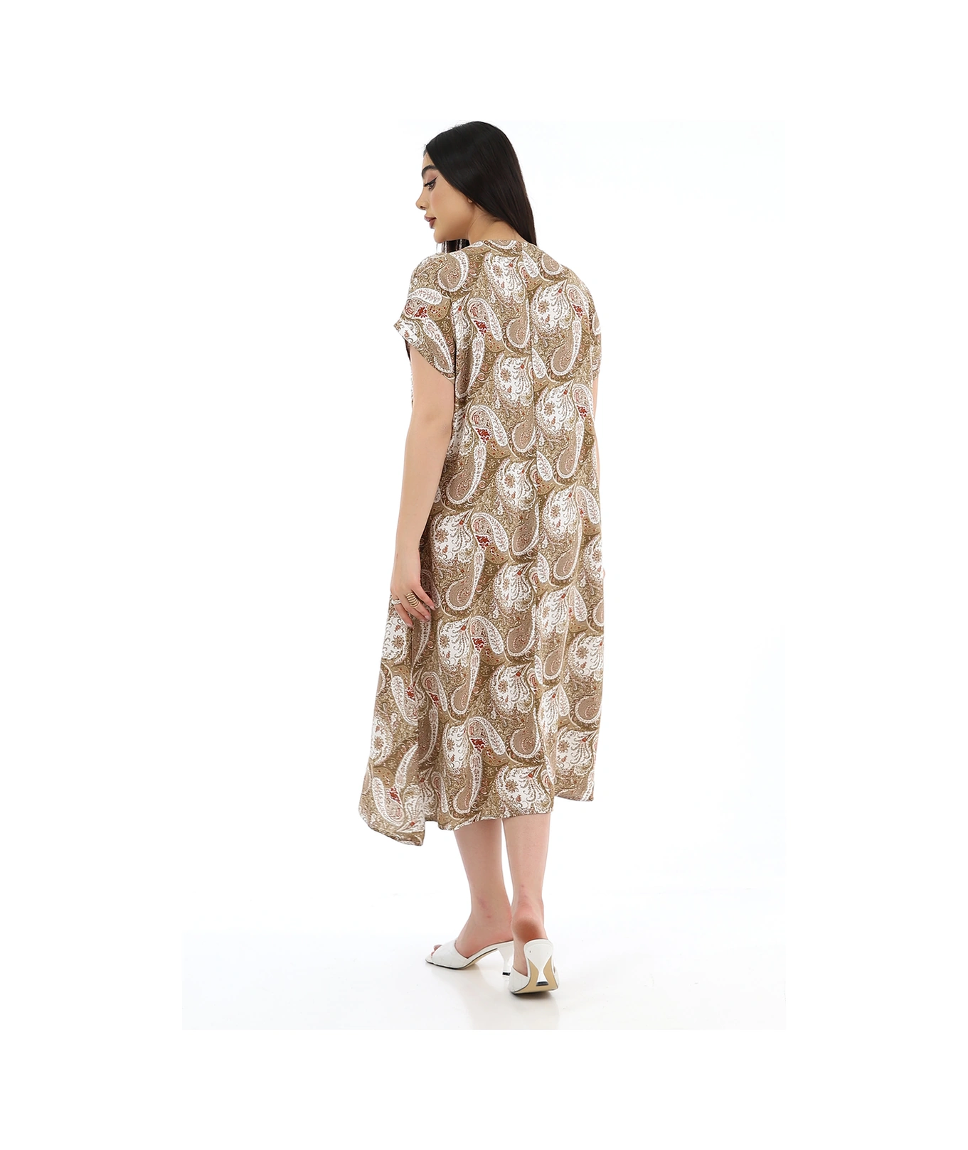 Schık Kadın Viskon Yarım Kol V Yaka Halkalı Cepli Elbise Kahve Kahverengi