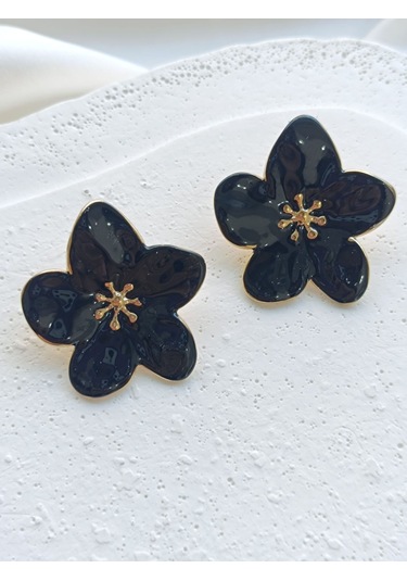 Siyah Çelik Çiçek Küpe Altın - Siyah