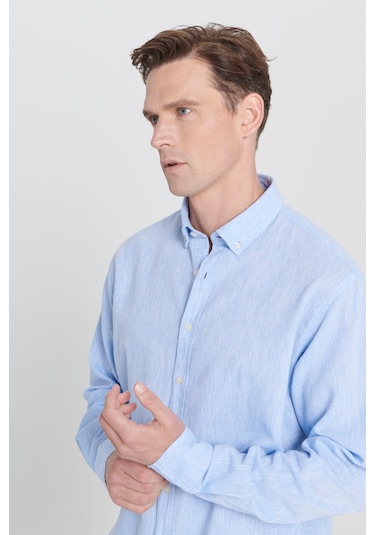 Erkek Mavı Comfort Fit Rahat Kesim Düğmeli Yaka Keten Gömlek Mavi