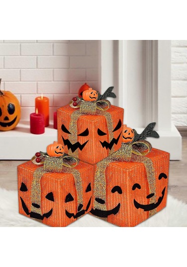 Led Işıklı 3'lü Cadılar Bayramı Balkabağı Süslemeleri, Pil İle Çalışan Jack-o'-lantern Hediye Kutusu, %100 Yepyeni Çok Renkli