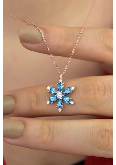 925 Ayar Gümüş Zincirli, Aqua Taşlı Lotus Kamelya Çiçeği Kolye