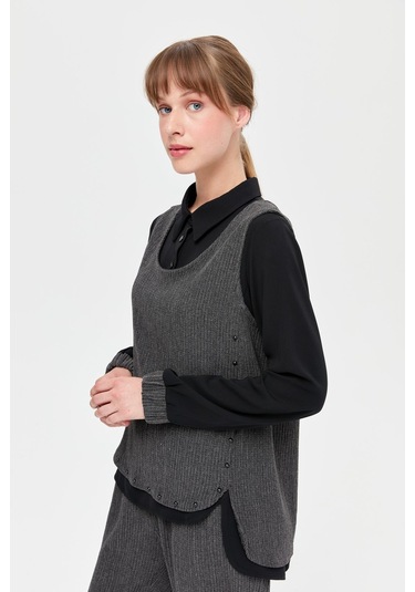 Retro Dokulu Üçlü Pantolonlu Takım Antrasit-antrasit Antrasit