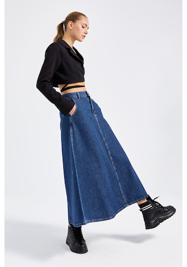 Itsbasic Kadın Mavi Renk Vinca A Tipi Kesim Denim Etek
