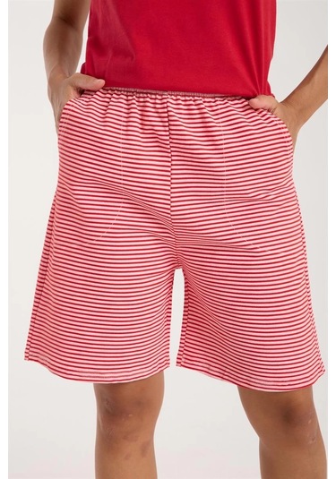 Giyim Kadın Kırmızı Kurdele Detaylı Çizgili Şortlu Pijama Takımı Kırmızı