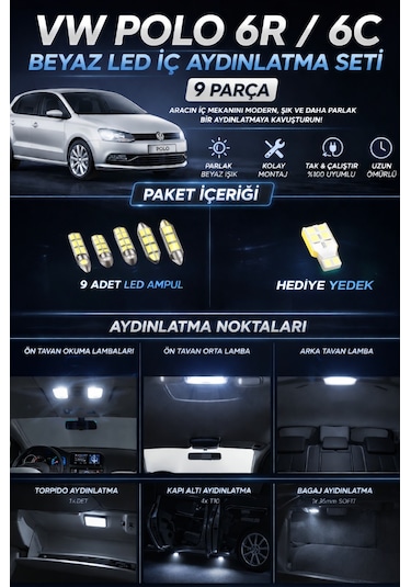 Vw Polo 6r 6c Led İç Aydınlatma Seti Beyaz 9 Parça +  T10 Ampul