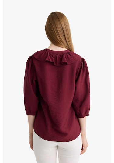 Defacto Regular Fit Bisiklet Yaka Volanlı Uzun Kollu Gömlek E9922ax25aubr194 Bordo