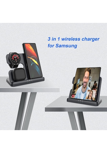 Maiyame Samsung Uyumlu Telefon, Saat Ve Kulaklık İçin 15w Hızlı Şarj, Dikey Masaüstü 3'ü 1 Kablosuz Şarj Aleti, Siyah, Avrupa Standartı