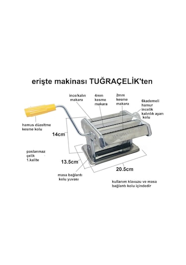Tuğra Çelik No 180 3 Amaçlı Erişte Kesme Makarna Yufka Makinesi Gümüş
