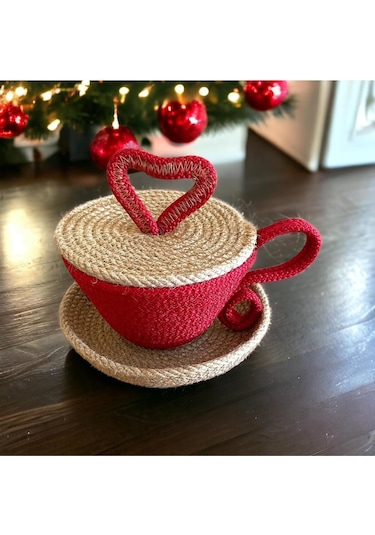 Sevgililer Günü Hediyesi, Hasır Sepet, Fincan Sepet, Jüt Sepet, %100 Doğal Dekoratif Hasır Sepet 001