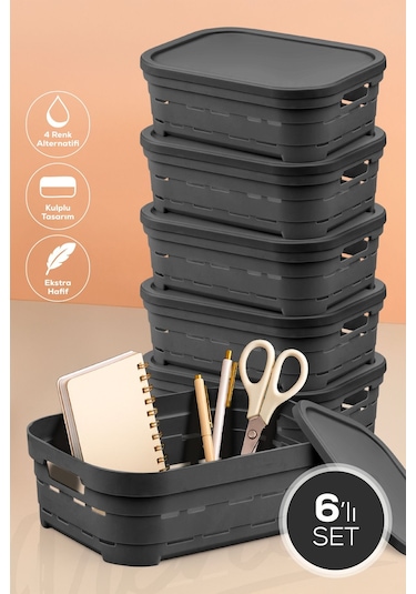 6'lı Kapaklı 2,8 Litre Delikli Saklama Kutusu Antrasit Antrasit