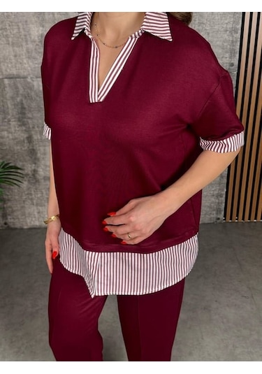 Modaserdem Kadın Modal Kumaş Çizgili Gömlek Yaka Ikili Takım Kırmızı
