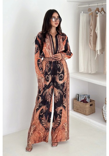 Saten Kumaş Desenli Alt-üst Takım Kahverengi