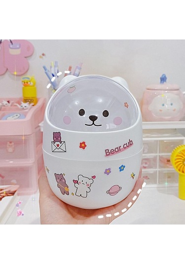 Suntek Mini Çöp Kutusu Ev Kalemlik Sepeti Minik Konteyner Beyaz Ayı Beyaz