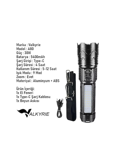 Valkyrie Şarjlı El Feneri 5400mah 30w 9 Mod Powerbank Özellikli 6km Aydınlatma Siyah