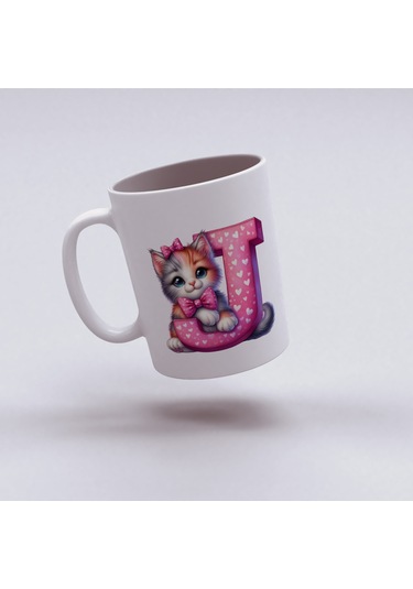 J Harfli Bardak, Sevimli Kedili Pembe Tasarım Bardak, Arkadaşa Aileye Hediye Porselen Beyaz