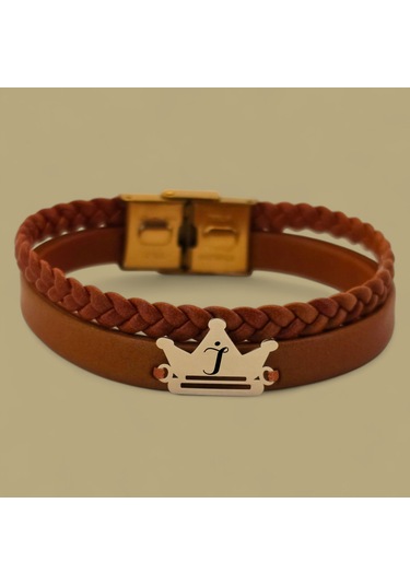 Archin İ Harfine Özel 14 Ayar Altın Plakalı Kahverengi Derili Taç Motifli Hediye Bileklik-467harf İ